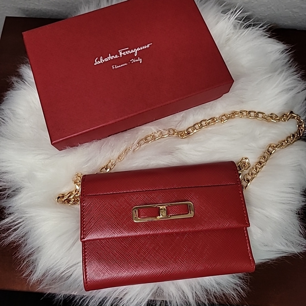 Red Salvatore Ferragamo Leather Wallet with the box and unbranded chain